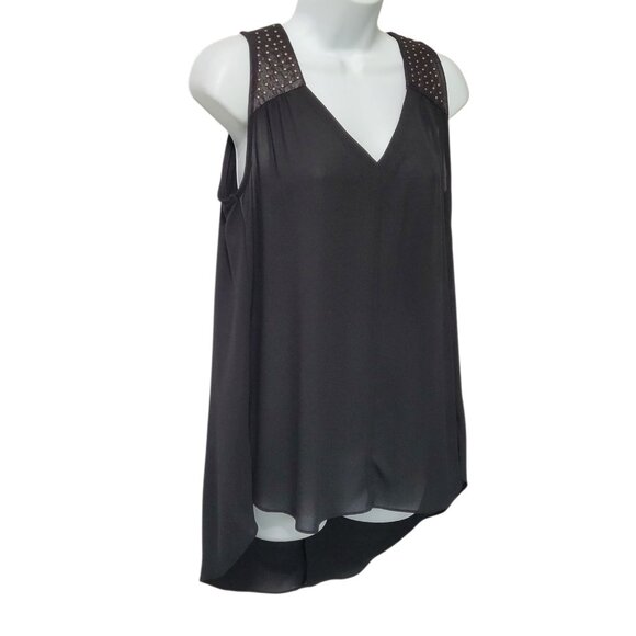 Vintage Y2K Tank Top S Shell Black Studs Hi Low V-Neck Split Back Gauzy - Picture 2 of 12